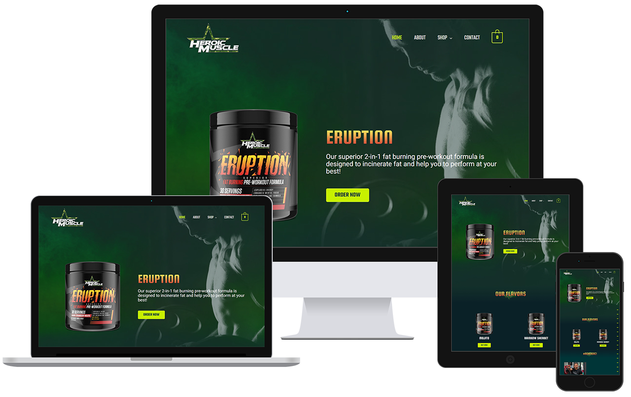 Heroic Muscle website on desktop, laptop, tablet, and phone