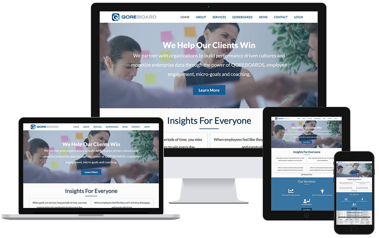 Qoreboard website on desktop, laptop, tablet, and phone